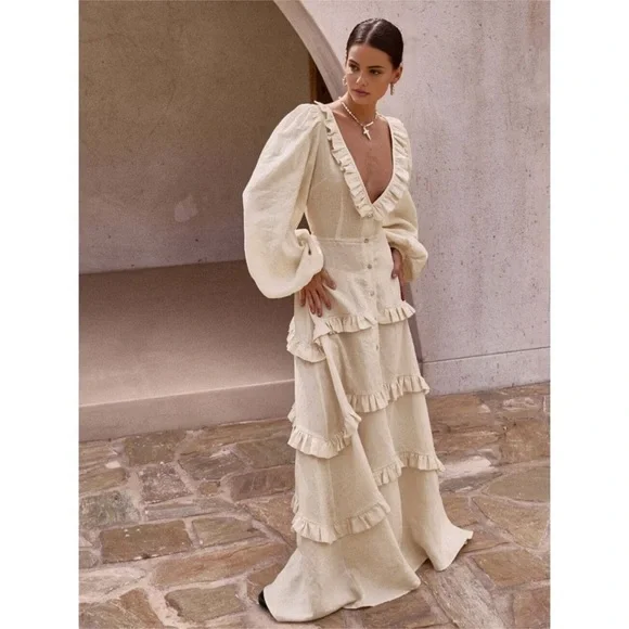 Commense Cotton & Linen Ruffled Maxi Dress Long Sleeve Button Boho Bohemian S - Picture 4 of 4